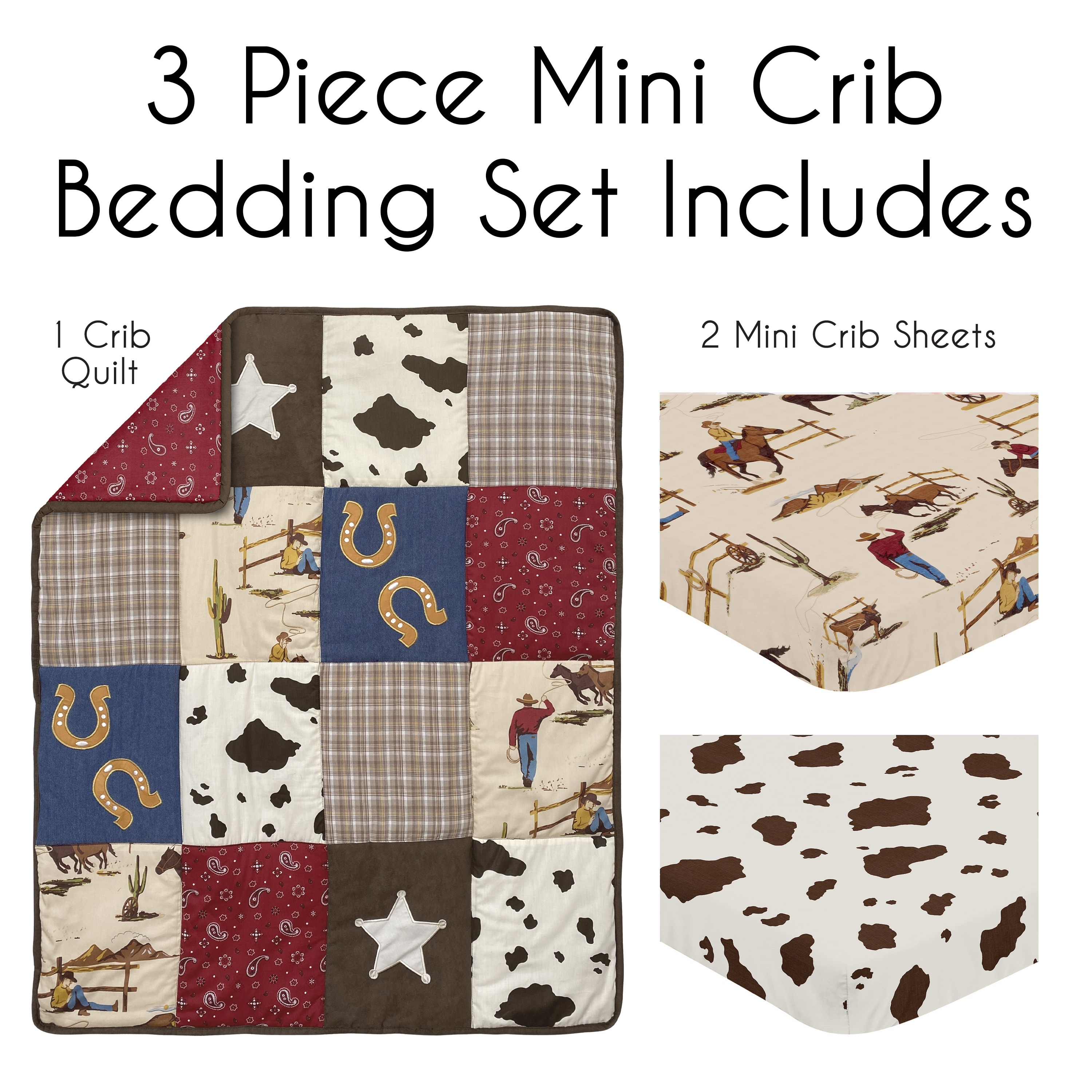 Sweet Jojo Designs Brown Western Cowboy Boy 3p Mini Crib Bedding Set Wild West Southern Horse Horseshoe Cow Print Animal Bandana Bed Bath Beyond 40042633