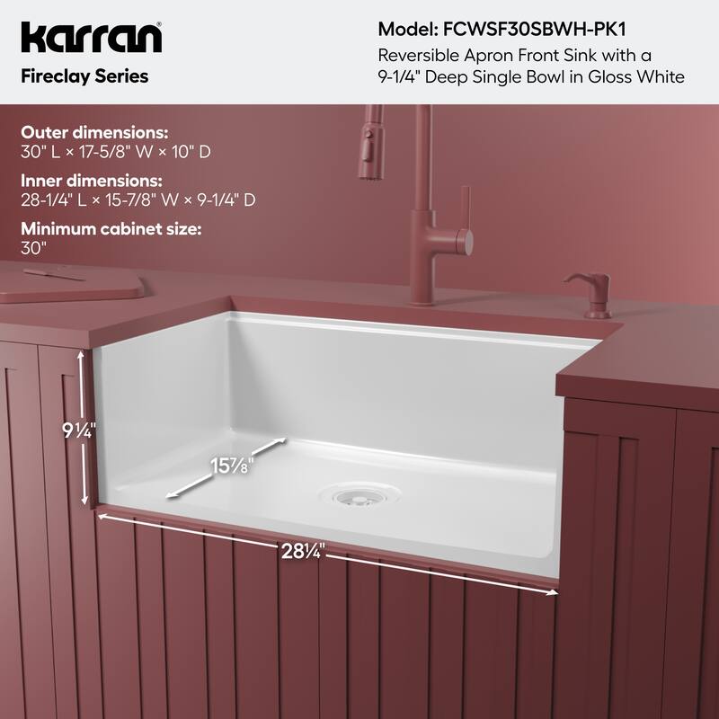 Karran 30" Single Bowl Workstation Fireclay Kitchen Sink with Reversible Fluted Apron Front