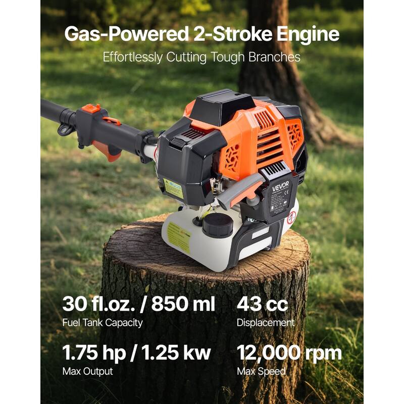 Cordless Gas Pole Saw with Adjustable Head for Branch Cutting 43CC - 10.8 × 8.9 × 8.9 in