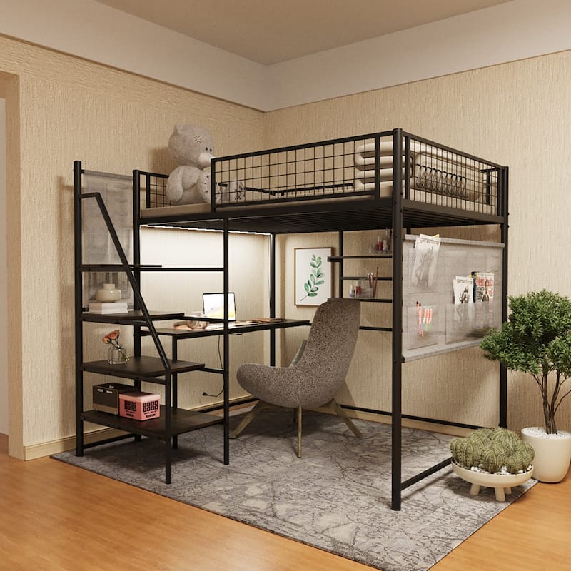 Full Size Loft Metal Bed with Built-in Desk, Charging Station, LED Lighting, and Storage for Bedroom and Dormitory - Black