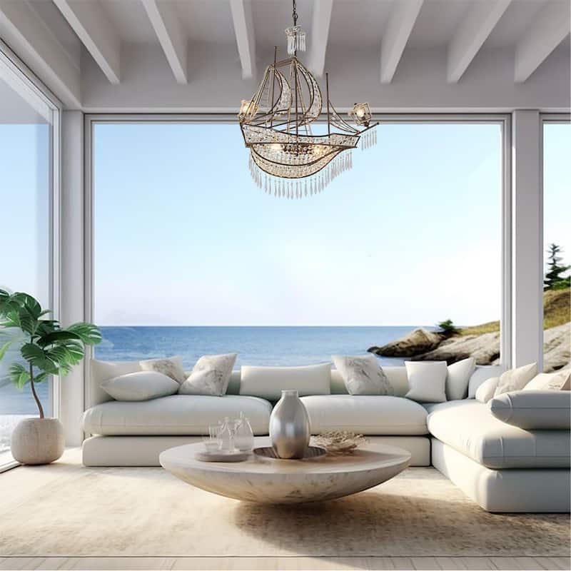 Eclectic 4 Light Bronze Metal Crystal Ship Chandelier