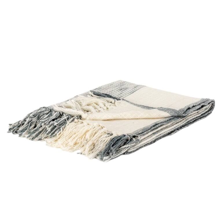 HomeRoots 50" X 60" Gray And Ivory Cotton Woven Striped Throw Blanket with Fringe