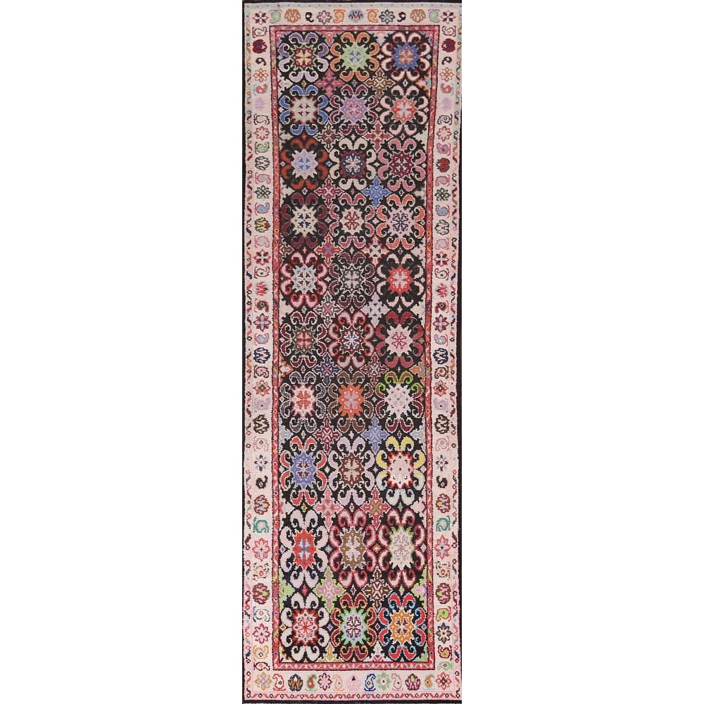 Geometric Anatolian Vintage Runner Rug Handmade Wool Carpet - 2'11"x 12'9"