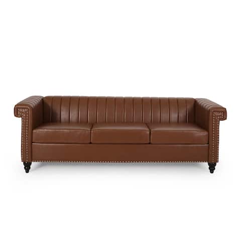 Drury Channel Stitch Faux Leather Sofa with Nailhead Trim by Christopher Knight Home - 83.00" L x 32.50" W x 27.00" H
