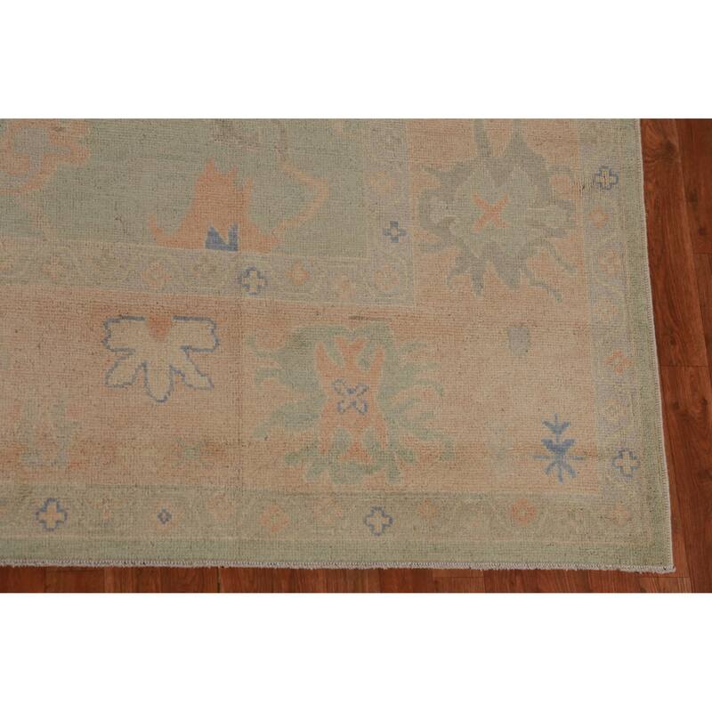 Hand Knotted Oriental 100% Wool Carpet Transitional All-Over Green Oushak Area Rug - 12' 4'' X 9' 3''