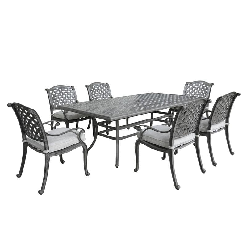 Ventura Cast Aluminum 7 Piece Rectangular Dining Set with 6 Arm Chairs - Heritage Grey/Golden Gauze