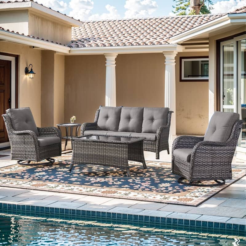 Pocassy Outdoor 4 Inch Sofa Swivel Chairs Table - Grey Wicker Grey Cushion - 5 Pieces 3-Seat Sofa Swivel Chair Table