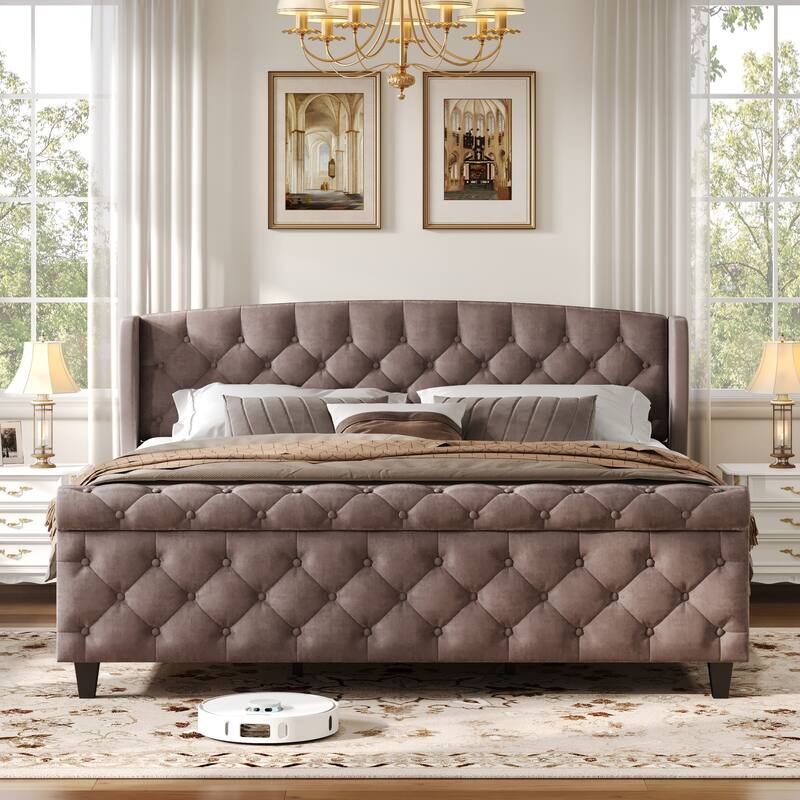 Christopher Knight Home - Amara Traditional Velvet Upholstered Sleigh Bed with Wingback Headboard & Scroll Footboard, King Size