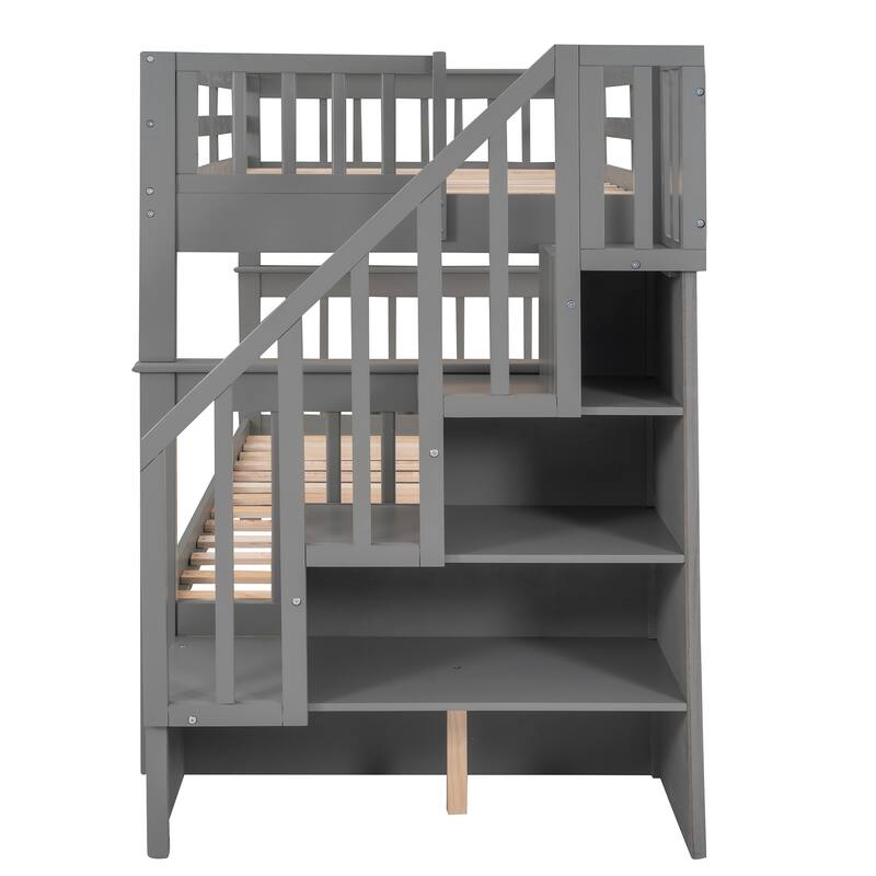 Twin-Over-Twin Bunk Bed with Drawers and Storage Stairs, Gray