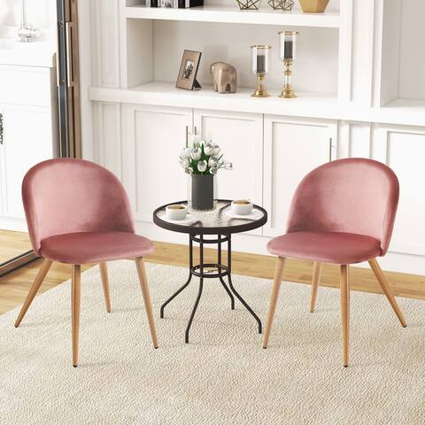 Dining Set of 2 Velvet Cushion Back and Oak Legs Kitchen Living Room Reception Chairs with Padded Seat, Rose Pink - N/A