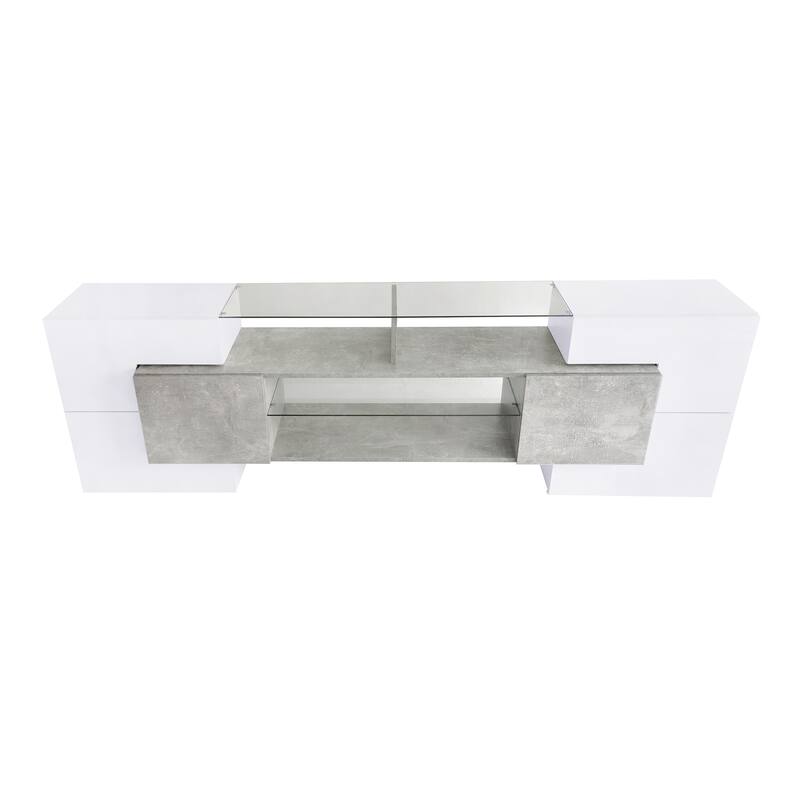 Roomfitters Modern Unique Shape TV Cabinet with 2 Glass Shelves, High Gloss Media Consolefor TVs up to 88", Grey