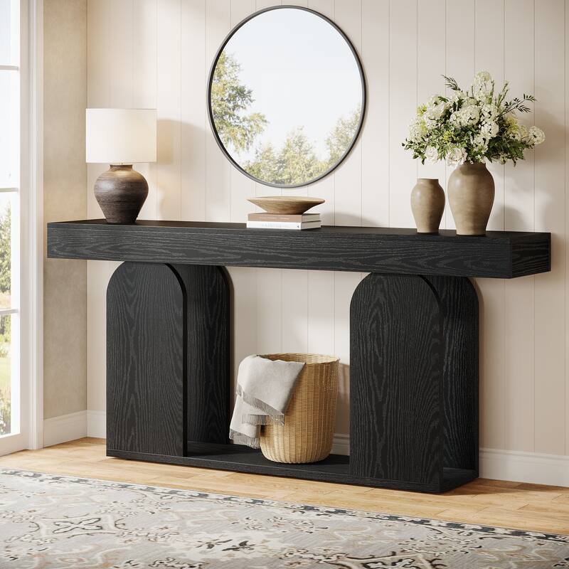 70.87-inch Wood Console Table, Farmhouse Sofa Table with 2-tier storage - Black - Wood