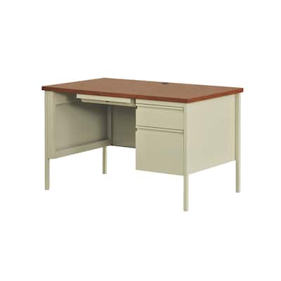 Hirsh Right-Hand Single Pedestal File Office Desk with Center Drawer, 30" D x 48" W, Putty / Oak