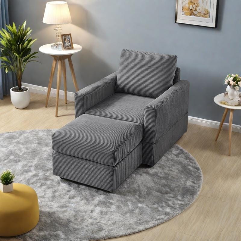 Corduroy Chaise Lounge Set with Ottoman and Adjustable Backrest