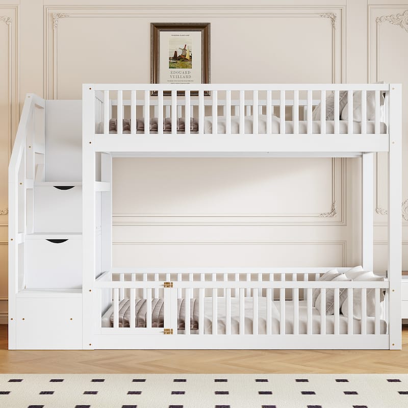 Twin Over Twin Floor Bunk Bed Frame with Storage Stairs and Door