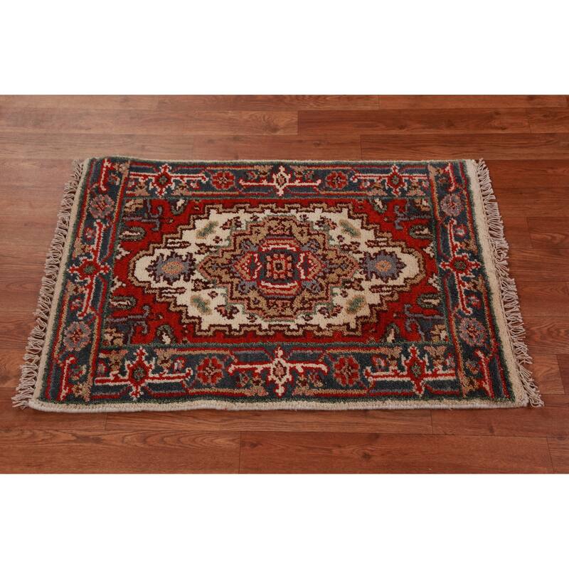Hand Knotted Oriental 100% Wool Carpet Traditional Medallion Beige & Ivories Heriz (serapi) Area Rug - 3' 0'' X 2' 0''