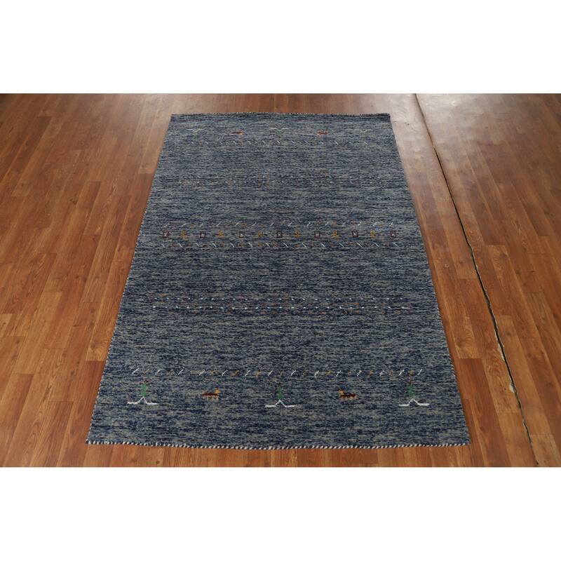 Hand Knotted Oriental 100% Wool Carpet Tribal Stripe Navy Blue & Blues Gabbeh Area Rug - 5' 10'' X 4' 0''