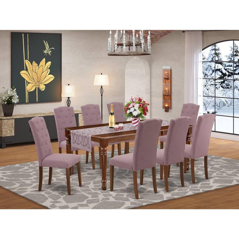 9Pc Dining Set - Rectangle Table with Leaf & 8 Parson Chairs - Mahogany Finish - 78