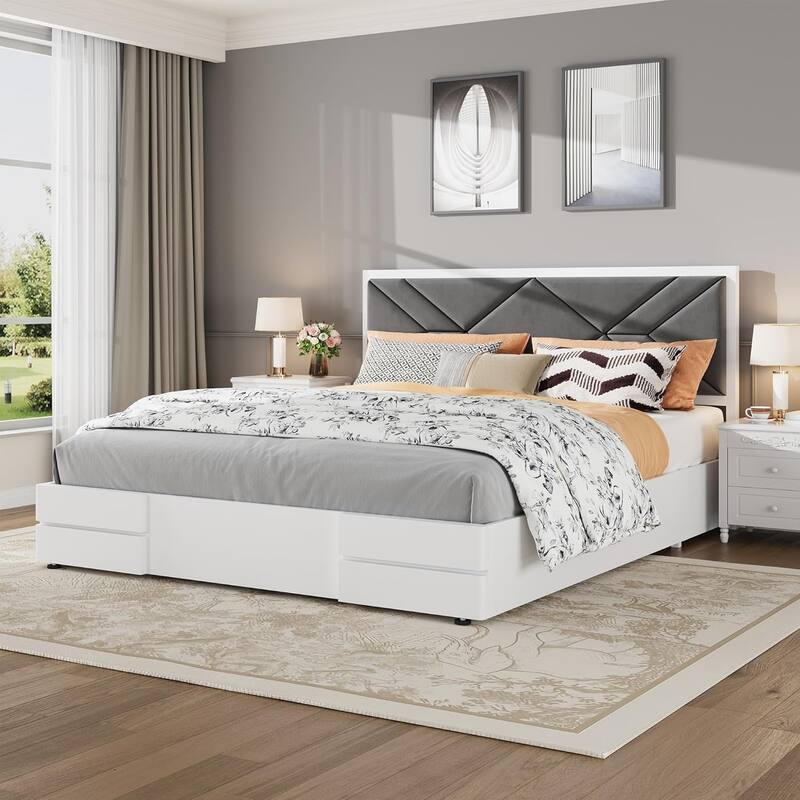 Wooden Bed Frame with Fabric Upholstered Headboard