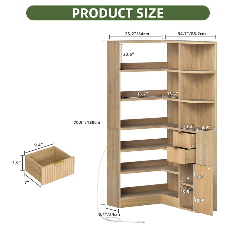 Moasis Modern LED Corner Bookshelf Fluted Bookcase with Drawers for Living Room