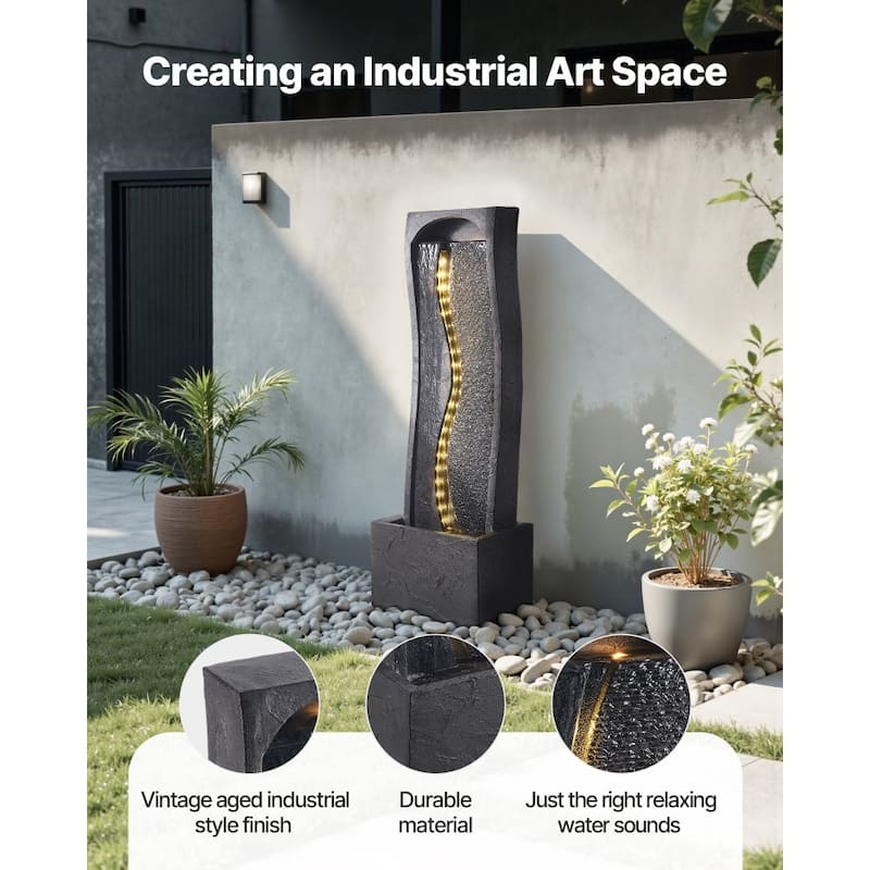 Modern Outdoor LED Lights Water Fountain with Vertical Rock-Base Design and Weather-Resistant - 13.39 x 8.66 x 38.58 in