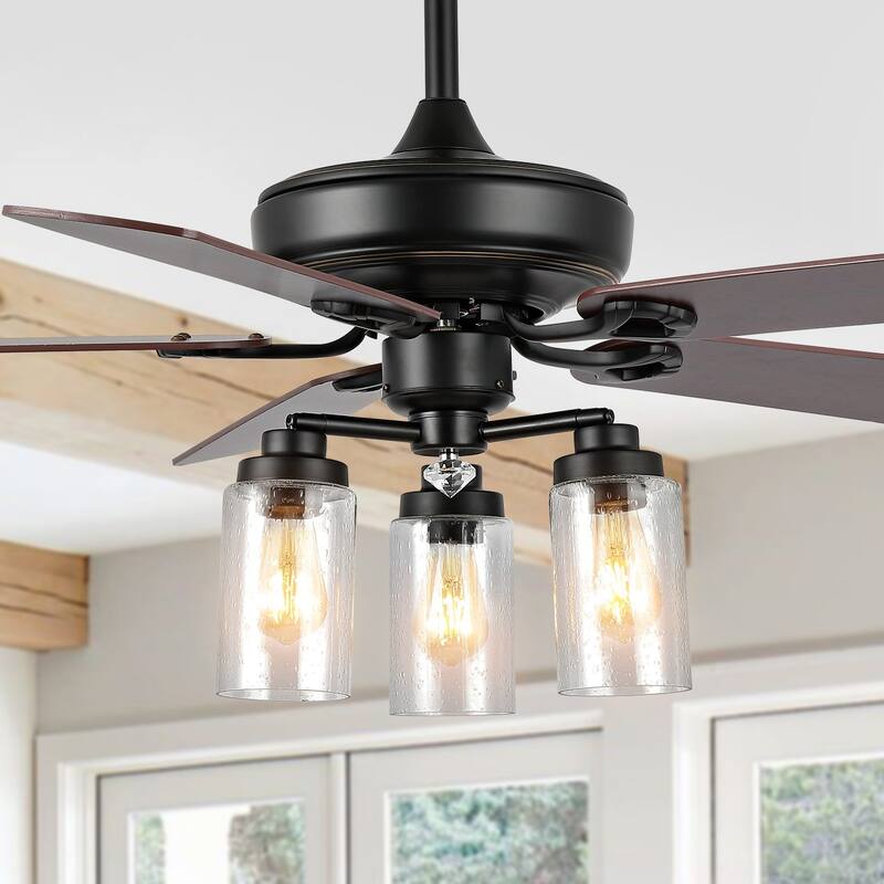Erin 52" 3-Light Rustic Industrial Iron/Wood/Seeded Glass Mobile-App/Remote-Controlled LED Ceiling Fan, by JONATHAN Y