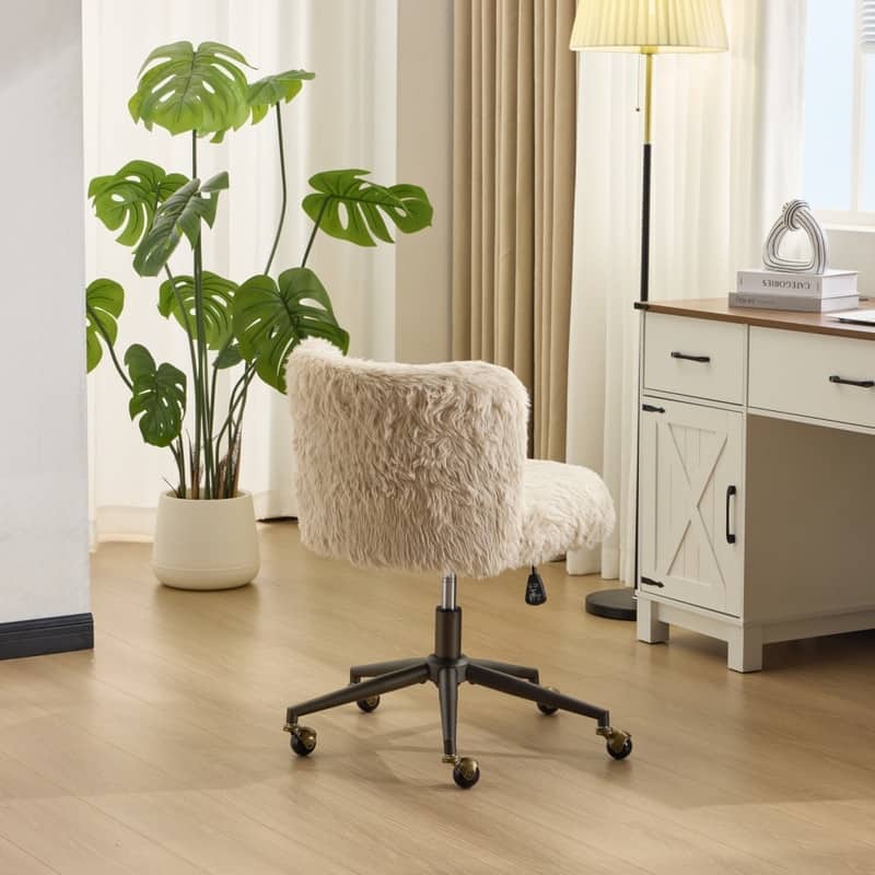 Plush Velvet Swivel Chair Antique Bronze Base With Wheels - Off-white
