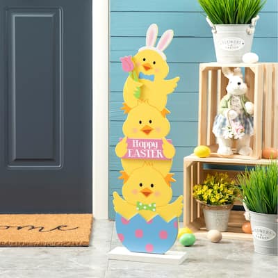 Glitzhome 30"H Easter Wooden Stacked Chicks Porch Sign Decor Indoor Outdoor