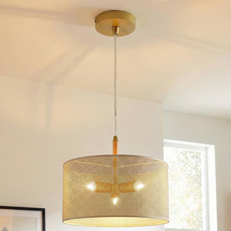 Choi Natural Woven Drum Pendant Light with Wooden Accents
