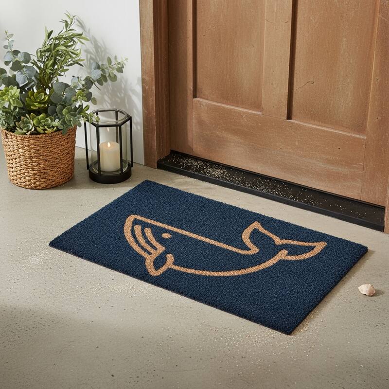 HomeRoots 16" X 30" Natural And Navy Blue Whale Indoor Coir Door Mat - 15.70' X '29.60 - 15.70' X '29.60
