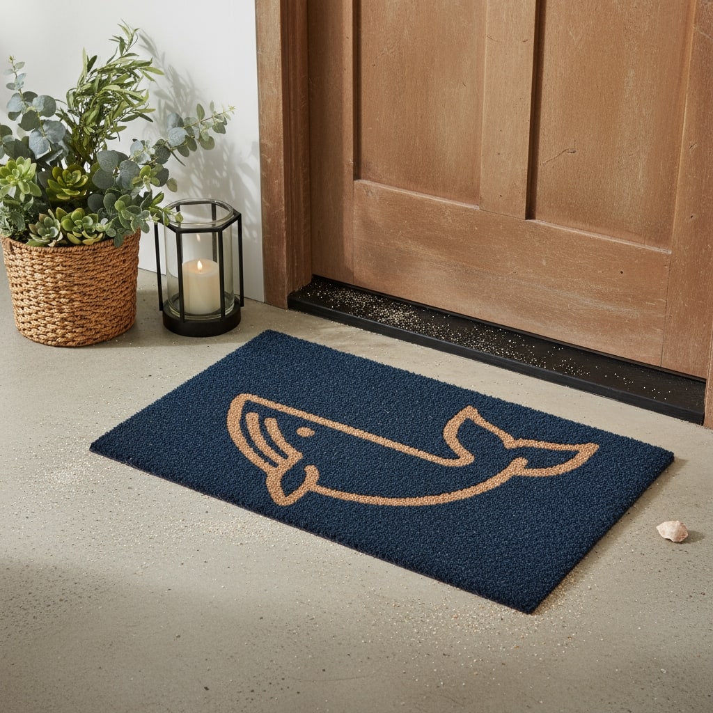HomeRoots 16" X 30" Natural And Navy Blue Whale Indoor Coir Door Mat - 15.70' X '29.60