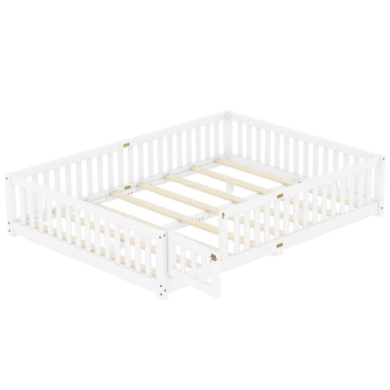 Queen Size Pine Wood Floor Bed with Safety Guardrails and Door for Kids, Boys, Girls, Bedroom