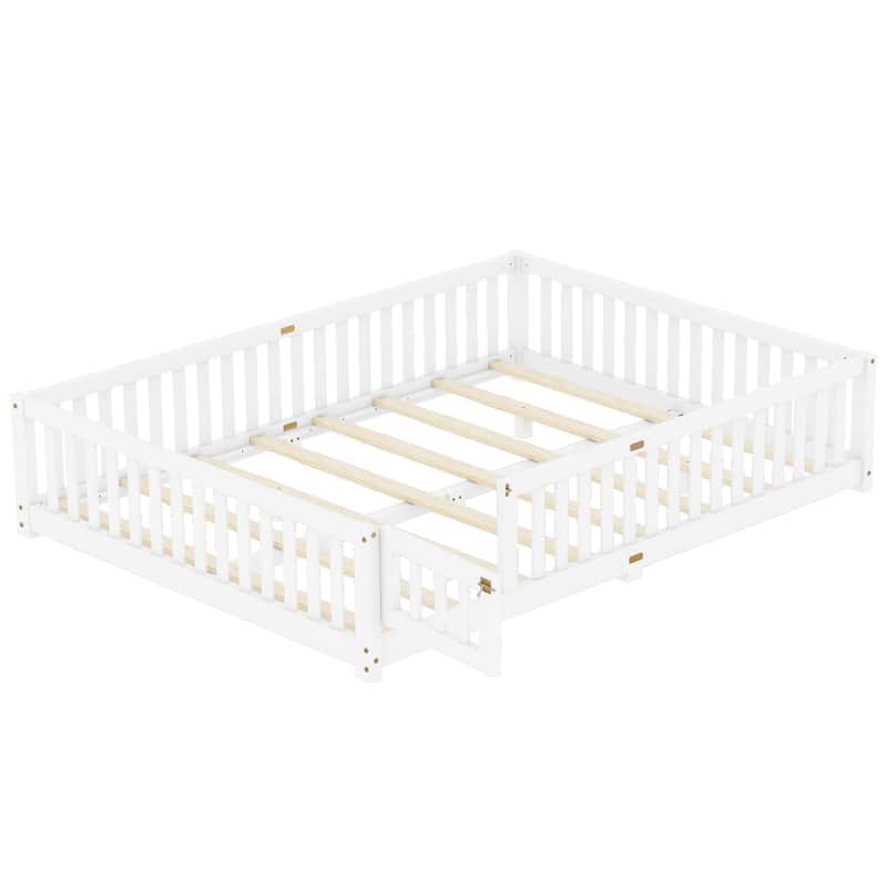 Queen Size Pine Wood Floor Bed with Safety Guardrails and Door for Kids