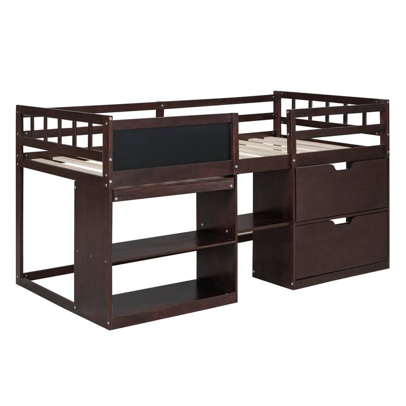 Low Loft Bed Twin with Storage Drawers, Rolling Desk, and Bookshelf