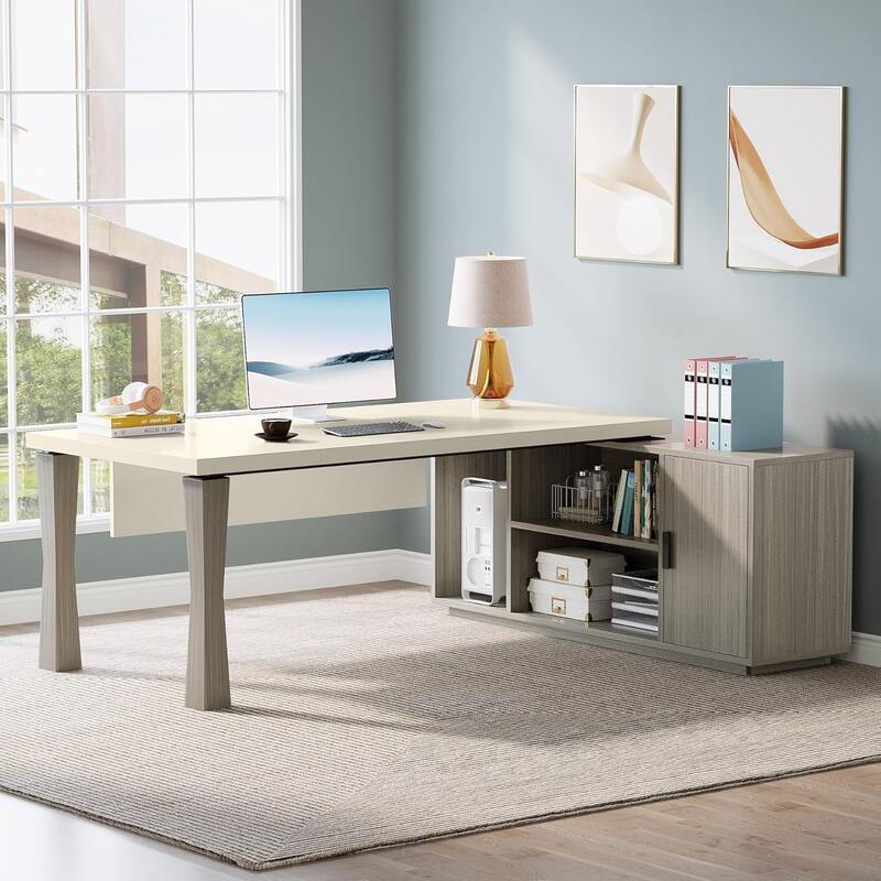8.7" Executive Desk, L-Shaped Office Table with Cabinet & Shelves