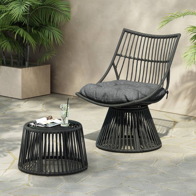 Caryl Outdoor Wicker Chair and Side Table Set with Cushion by Christopher Knight Home - Grey
