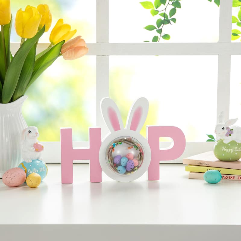 Glitzhome Wooden EASTER HOP Happy Easter with Artificial Rattan Table Sign Decor Centerpiece - Pink