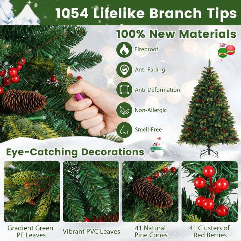 Costway 5/6/7/8 FT Artificial Christmas Tree with 250/370/500/650 RGB - Green - See Details