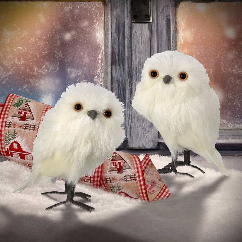 Set of 2 White Owl Christmas Plush Figures 6.5"
