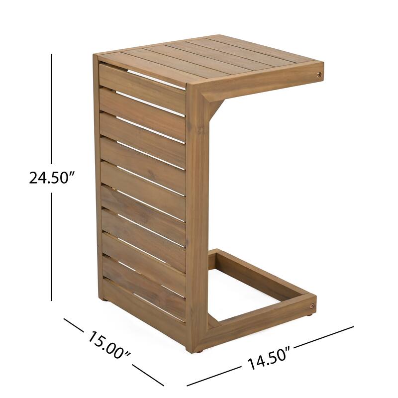 Anmytek Solid Acacia Wood C Shaped Side Table with Slatted Top Natural Finish Indoor Outdoor End Table for Sofa Patio Balcony