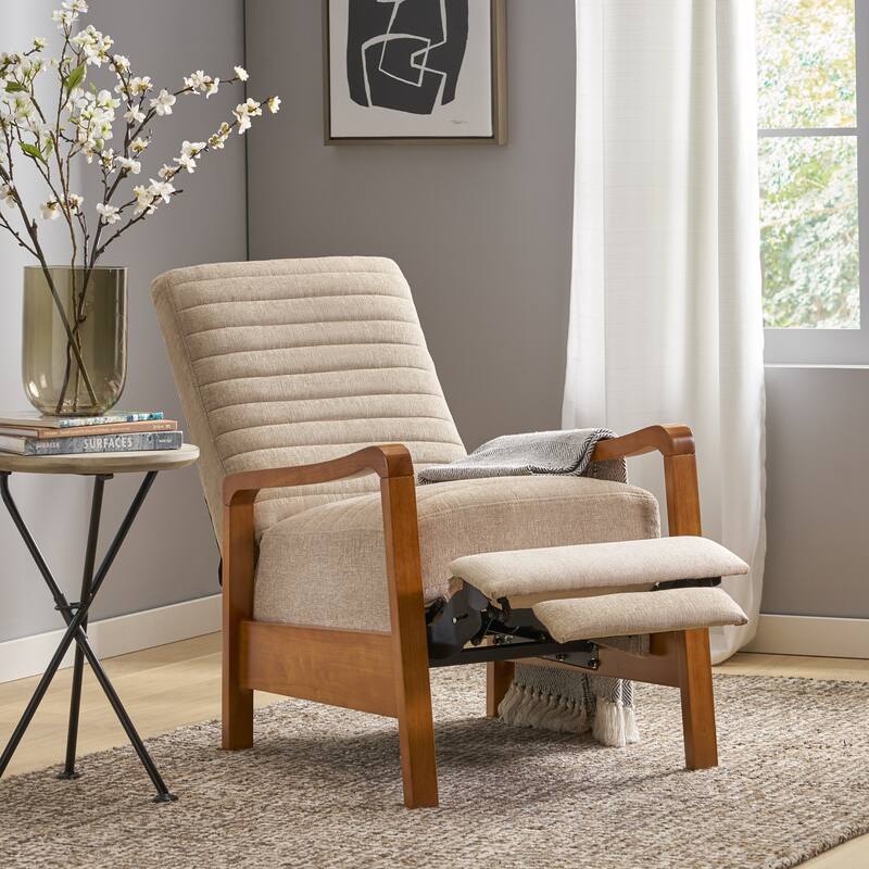 Small Wood Frame Recliner Club Chair with Retractable Footrest Living Room Lounge Armchair Upholstered Reading Chair for Bedroom