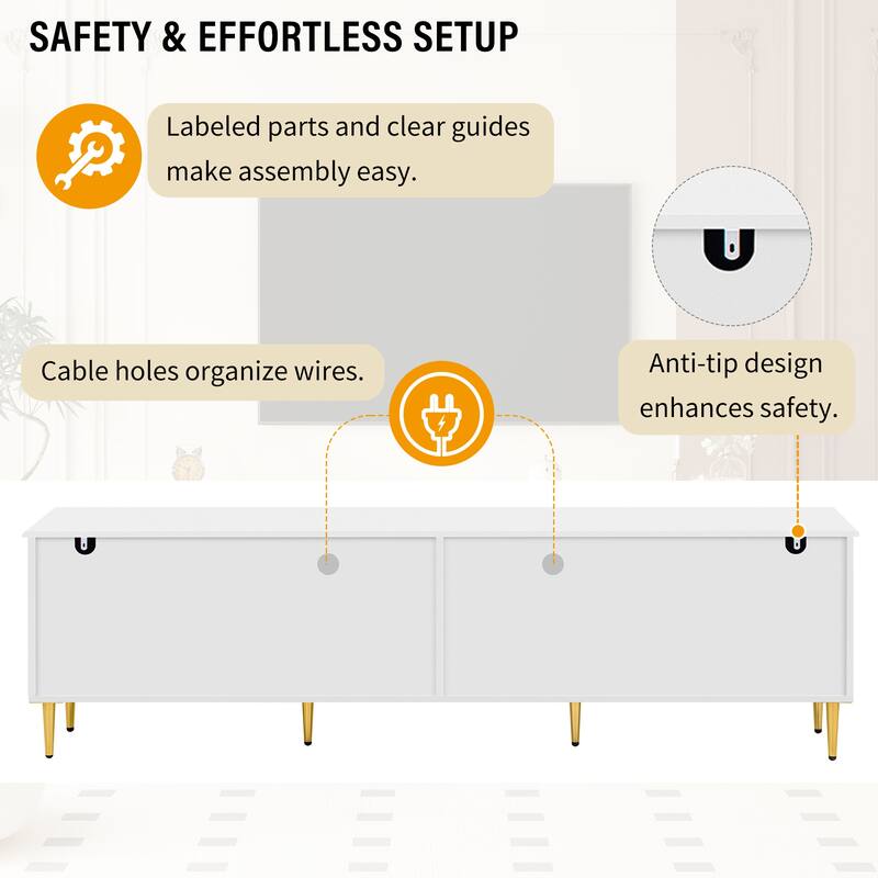 78.8'' Retro TV Stand for TVs up to 85'', Modern Media Console with 2 Cabinets, 4 Drawers, Glass Doors & Metal Legs