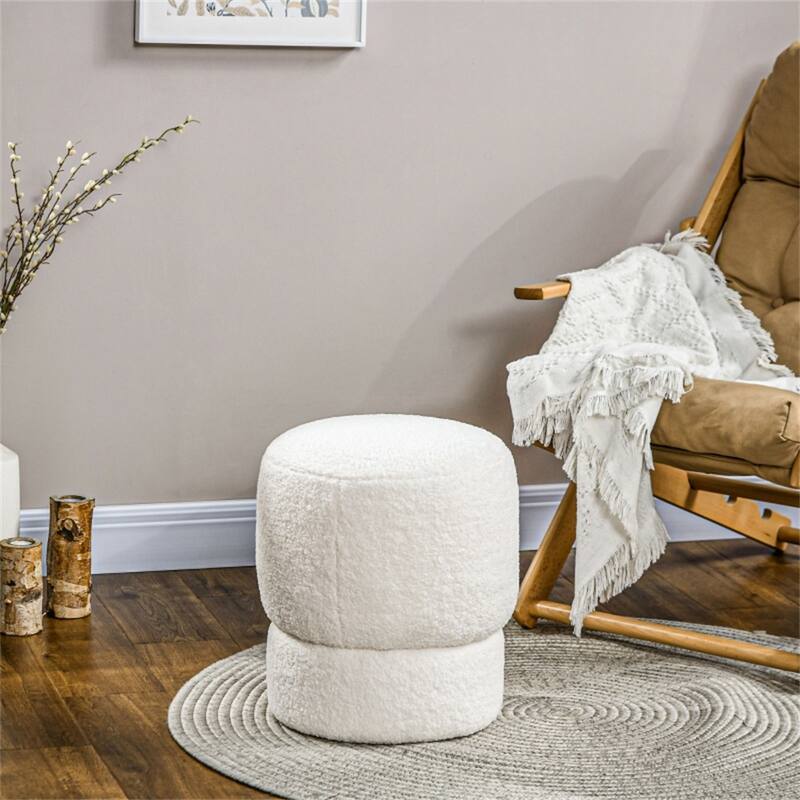15.7" Cream White Round Footstool with Thick Foam Padding and Soft Teddy Fleece Cover