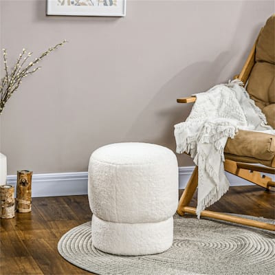 15.7" Cream White Round Footstool with Thick Foam Padding and Soft Teddy Fleece Cover