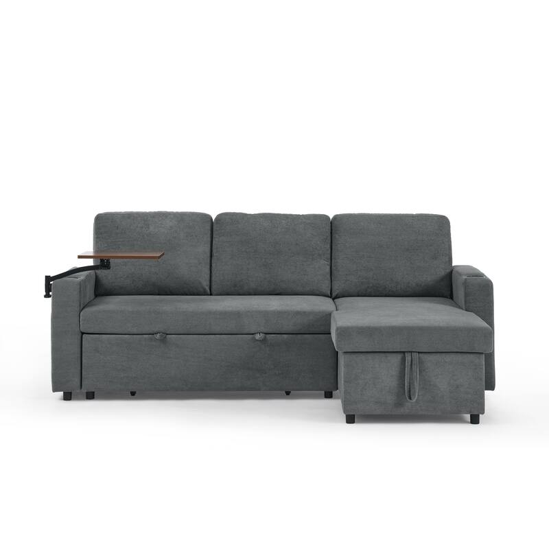 Pull Out Sleeper Sofa Bed Chenille L-shaped Sectional Couch with Storage Chaise, Retractable Table, LED, USB and Cup Holders