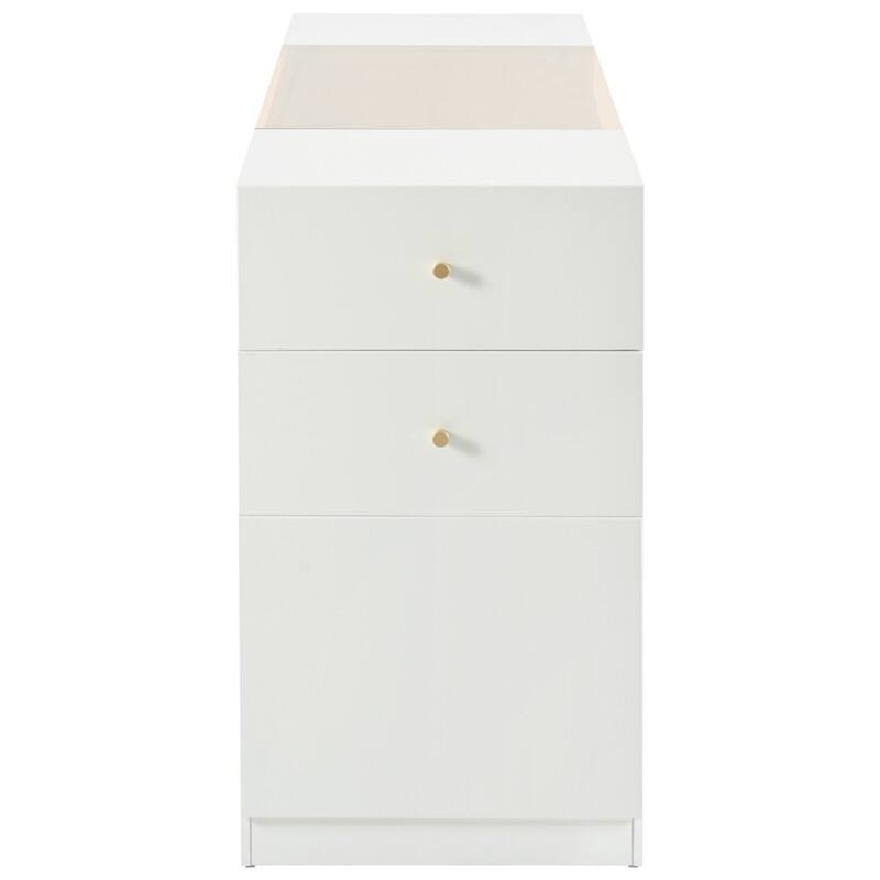 Modern Luxury Multi-Functional Island Vanity Dresser and Storage Cabinet with Glass Tabletop, Display Shelf and 6 Drawers