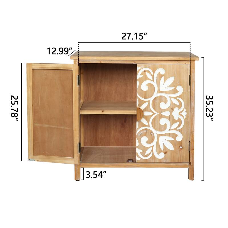 Rustic Wooden Accent Cabinet with Floral Carved Doors, 2-Door Storage Sideboard for Living Room
