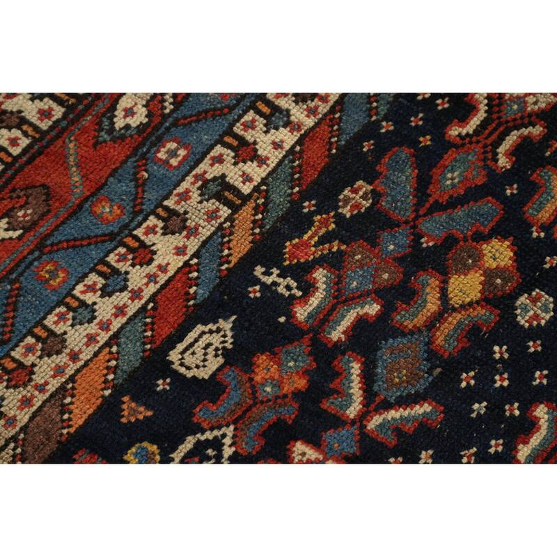 Hand Knotted Oriental 100% Wool Carpet Traditional Geometric Navy Blue & Blues Qashqai Area Rug - 9' 5'' X 4' 7''