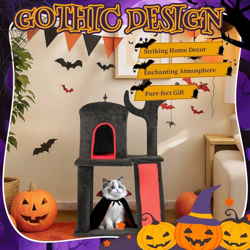 42" Gothic Cat Tree, Halloween Cat Tower Cat Tree with Spacious Cat Condo