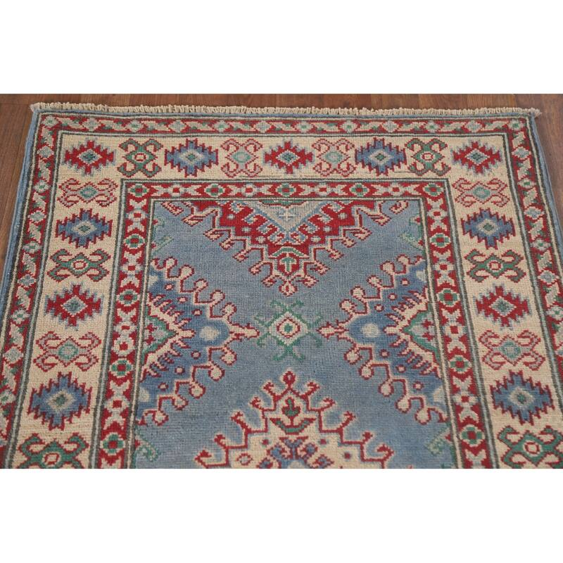 Hand Knotted Oriental 100% Wool Carpet Traditional Geometric Navy Blue & Blues Kazak Runner Rug - 8' 11'' X 2' 9''